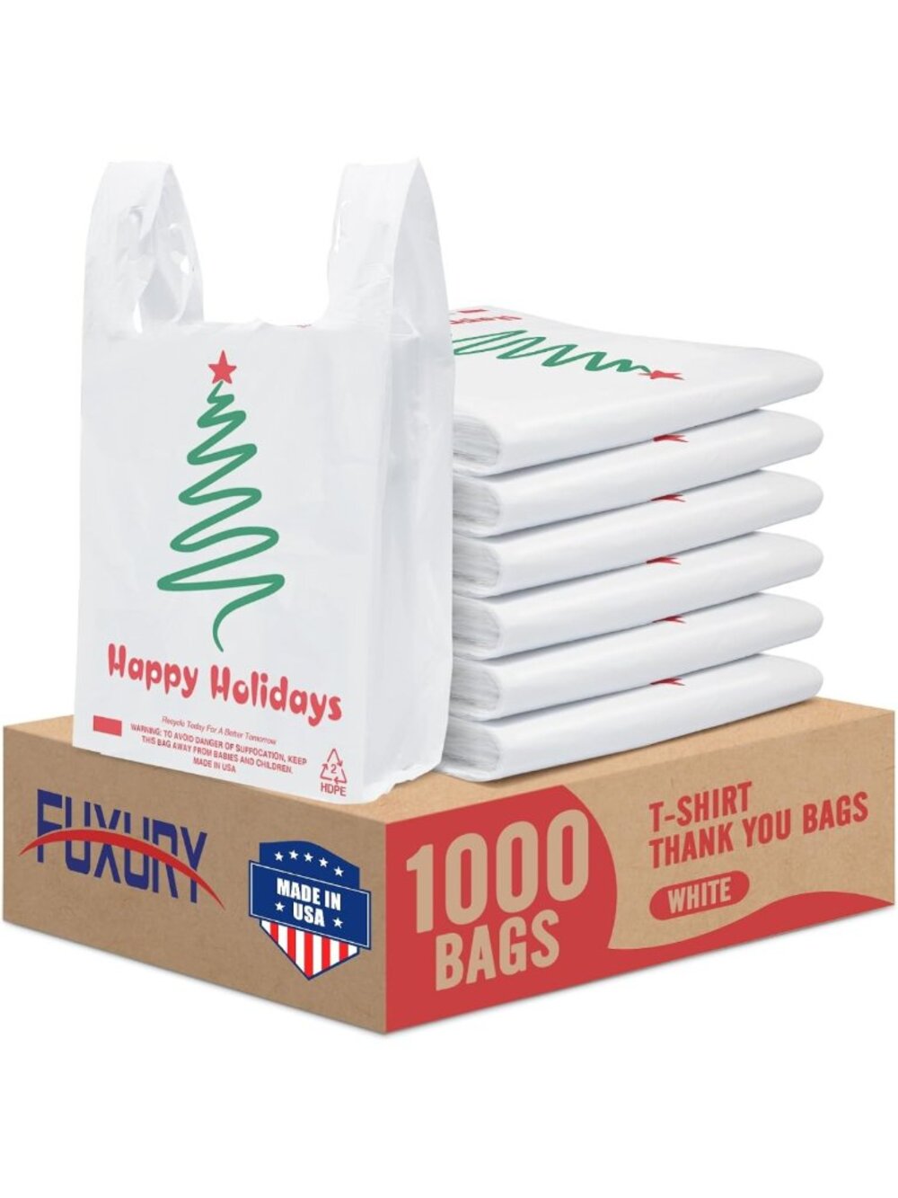 1000 Count Holiday Christmas Tree Plastic Bags with Handles - Festive Gift Wrap